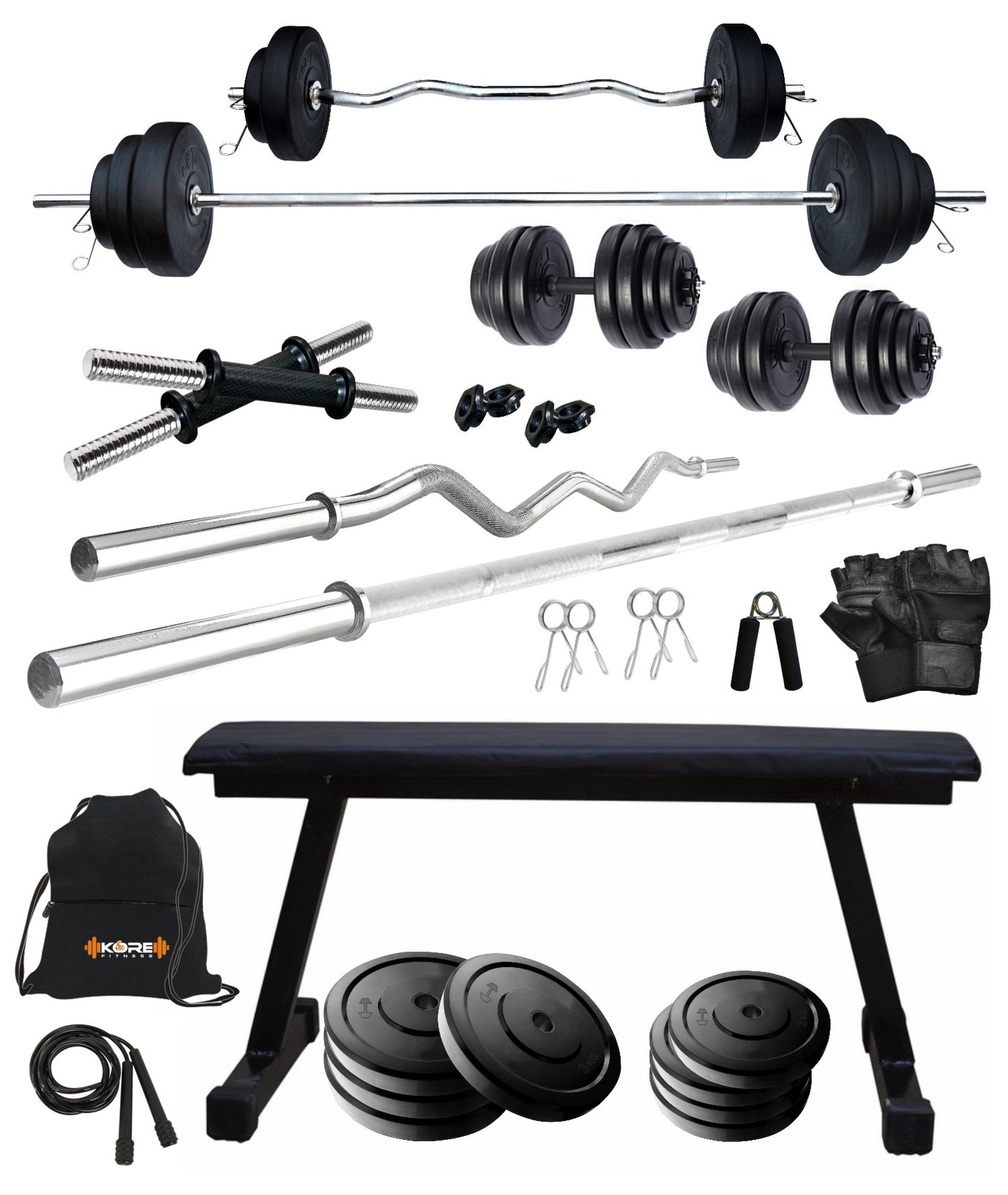 Kore 20-100 kg One 3 Ft Curl + 5 Ft Plain Rod and One Pair Dm Rods with Flat Bench and Gym Accessories (COMBO7)