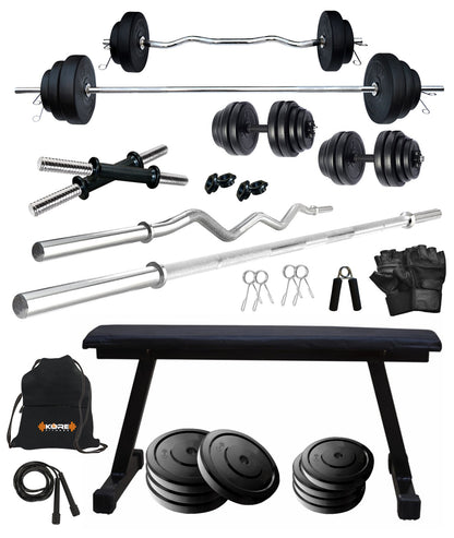 Kore 20-100 kg One 3 Ft Curl + 5 Ft Plain Rod and One Pair Dm Rods with Flat Bench and Gym Accessories (COMBO7)