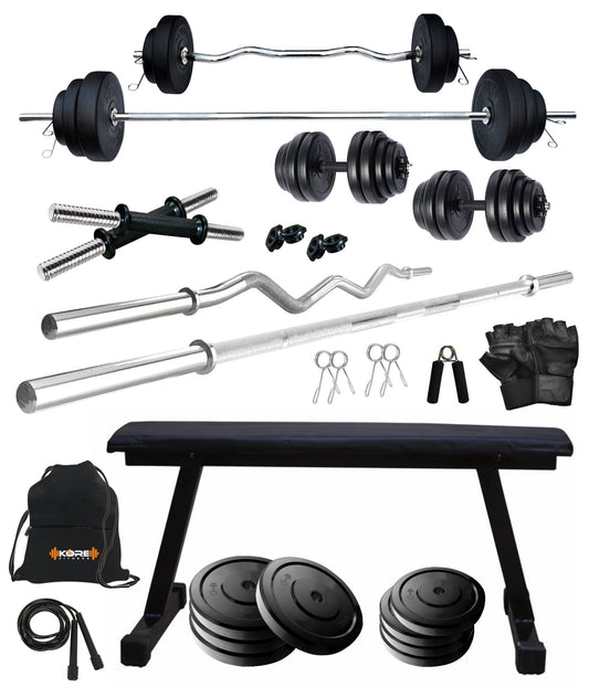 Kore 20-100 kg One 3 Ft Curl + 5 Ft Plain Rod and One Pair Dm Rods with Flat Bench and Gym Accessories (COMBO7)