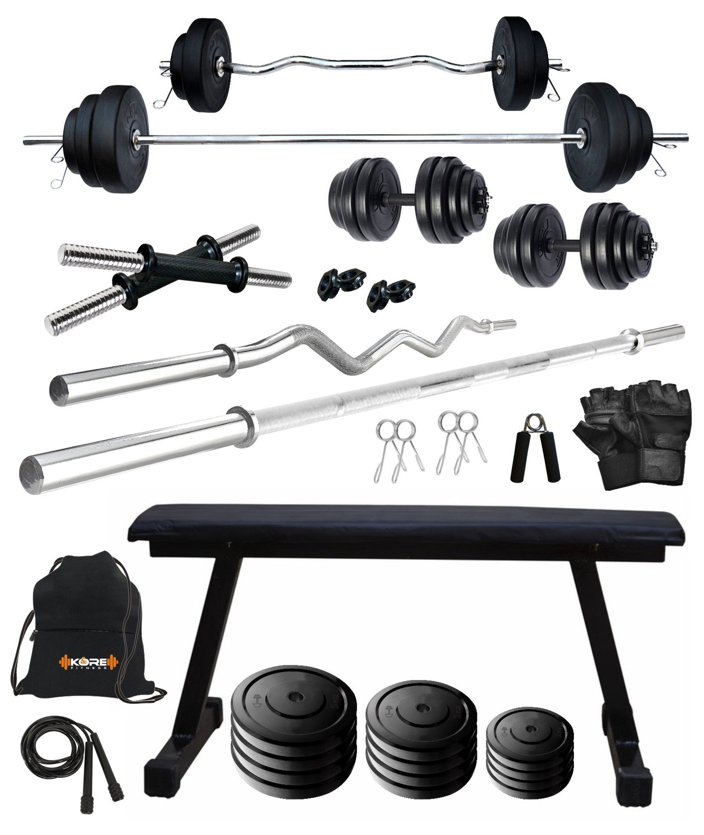 Kore 20-100 kg One 3 Ft Curl + 5 Ft Plain Rod and One Pair Dm Rods with Flat Bench and Gym Accessories (COMBO7)