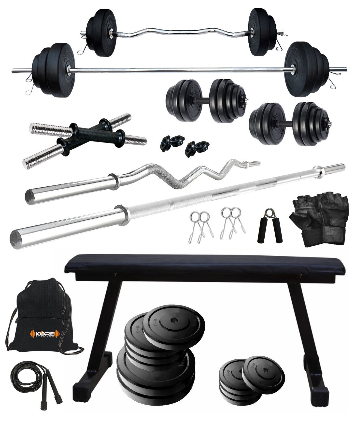 Kore 20-100 kg One 3 Ft Curl + 5 Ft Plain Rod and One Pair Dm Rods with Flat Bench and Gym Accessories (COMBO7)