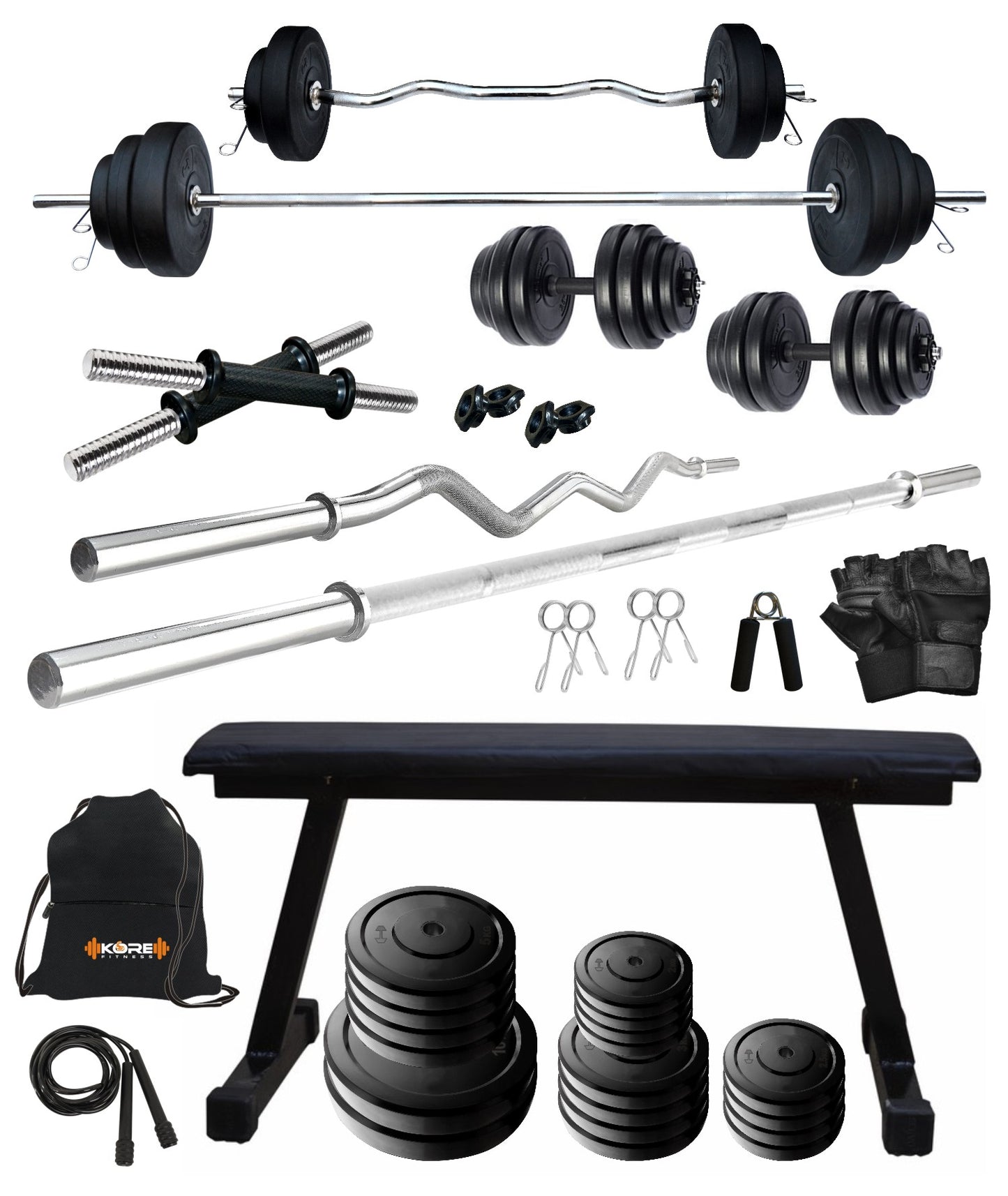 Kore 20-100 kg One 3 Ft Curl + 5 Ft Plain Rod and One Pair Dm Rods with Flat Bench and Gym Accessories (COMBO7)