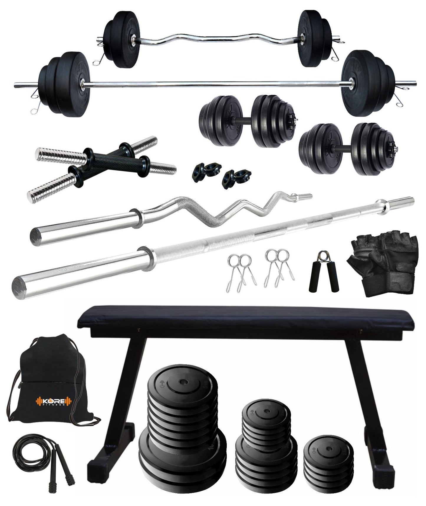 Kore 20-100 kg One 3 Ft Curl + 5 Ft Plain Rod and One Pair Dm Rods with Flat Bench and Gym Accessories (COMBO7)