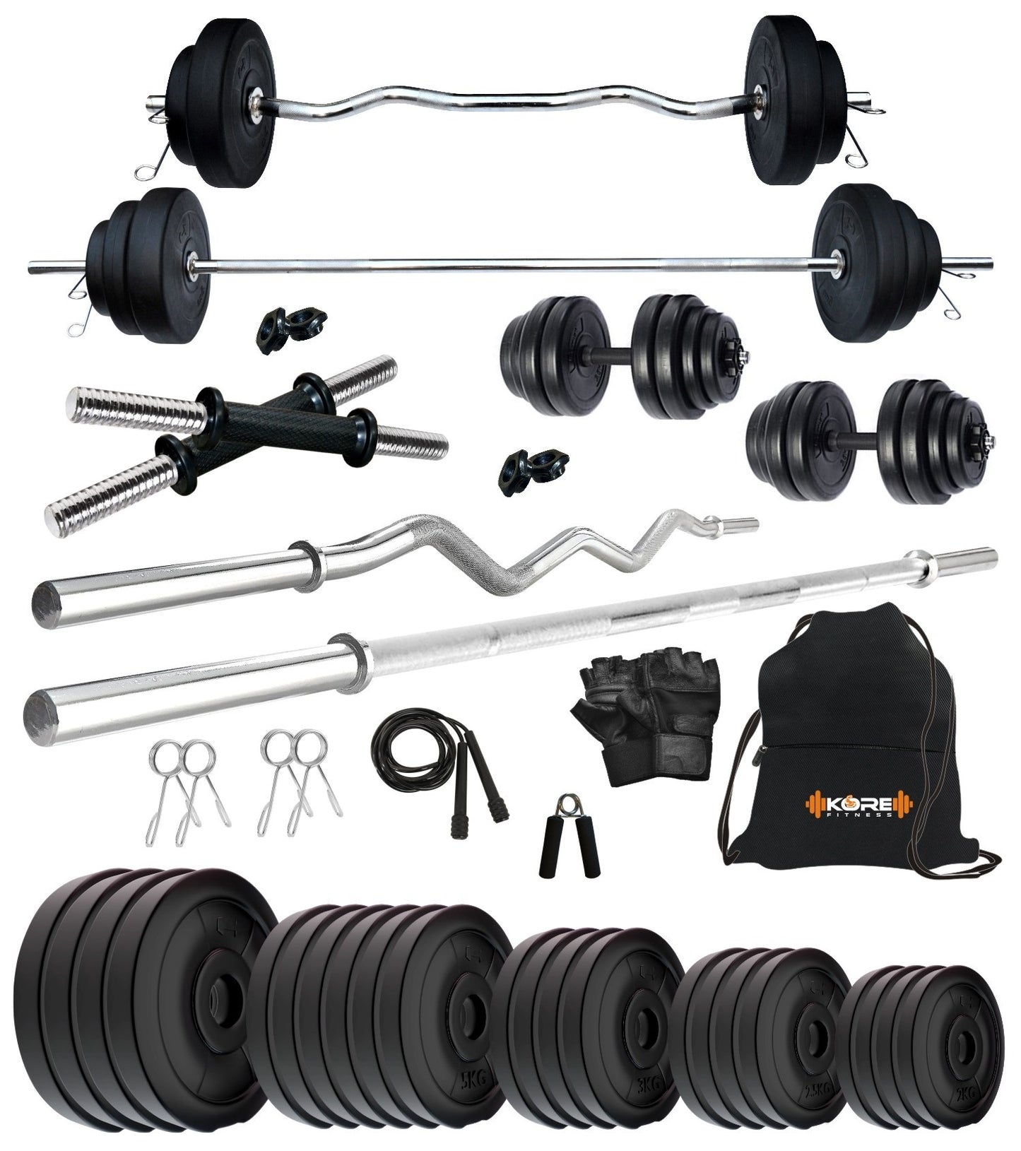 Kore PVC 10-100 kg Home Gym Set with One 3 Ft Curl + 5 Ft Plain Rod and One Pair Dumbbell Rods with Gym Accessories (PVC-COMBO2)