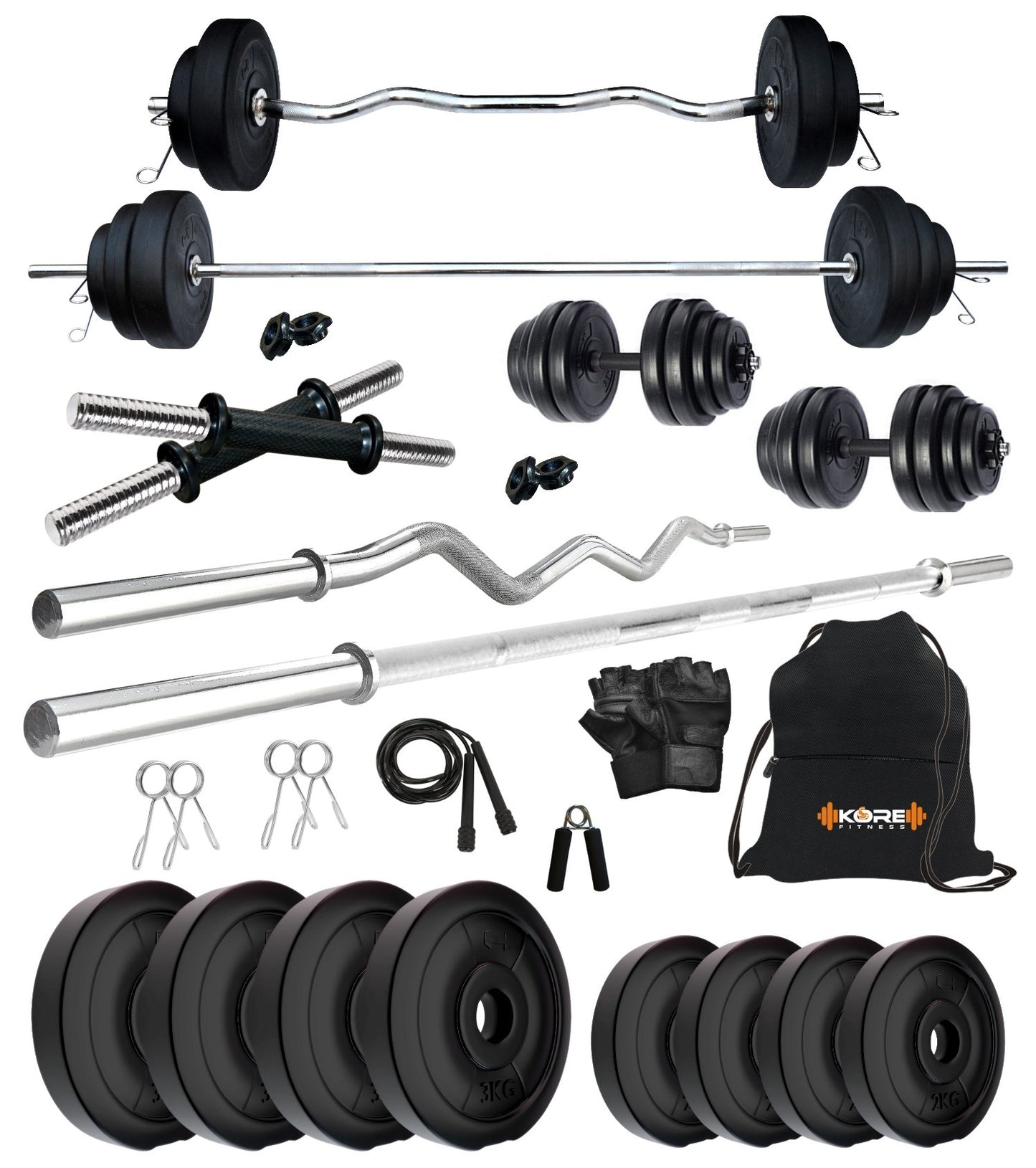 Kore PVC 10-100 kg Home Gym Set with One 3 Ft Curl + 5 Ft Plain Rod and One Pair Dumbbell Rods with Gym Accessories (PVC-COMBO2)