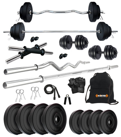 Kore PVC 10-100 kg Home Gym Set with One 3 Ft Curl + 5 Ft Plain Rod and One Pair Dumbbell Rods with Gym Accessories (PVC-COMBO2)