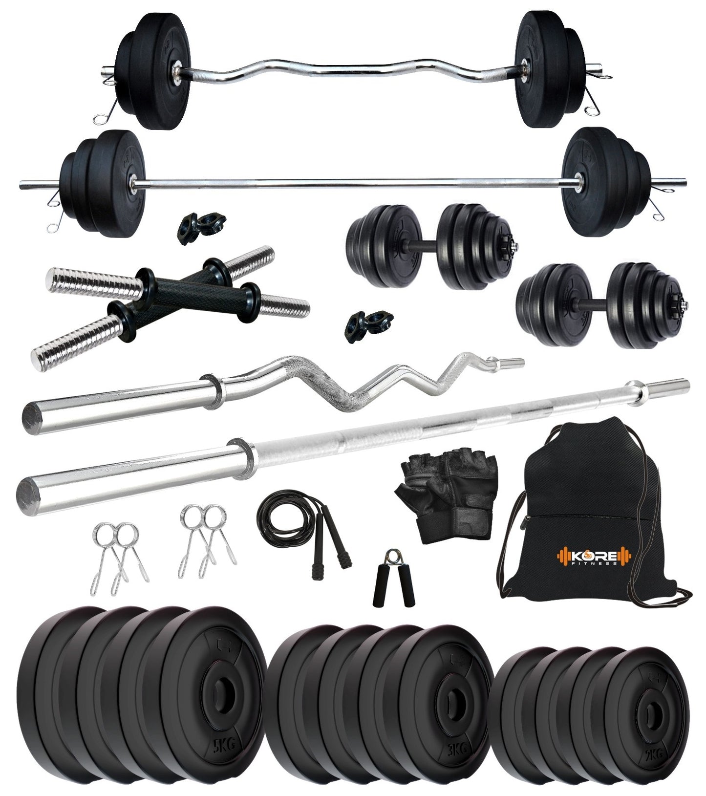 Kore PVC 10-100 kg Home Gym Set with One 3 Ft Curl + 5 Ft Plain Rod and One Pair Dumbbell Rods with Gym Accessories (PVC-COMBO2)