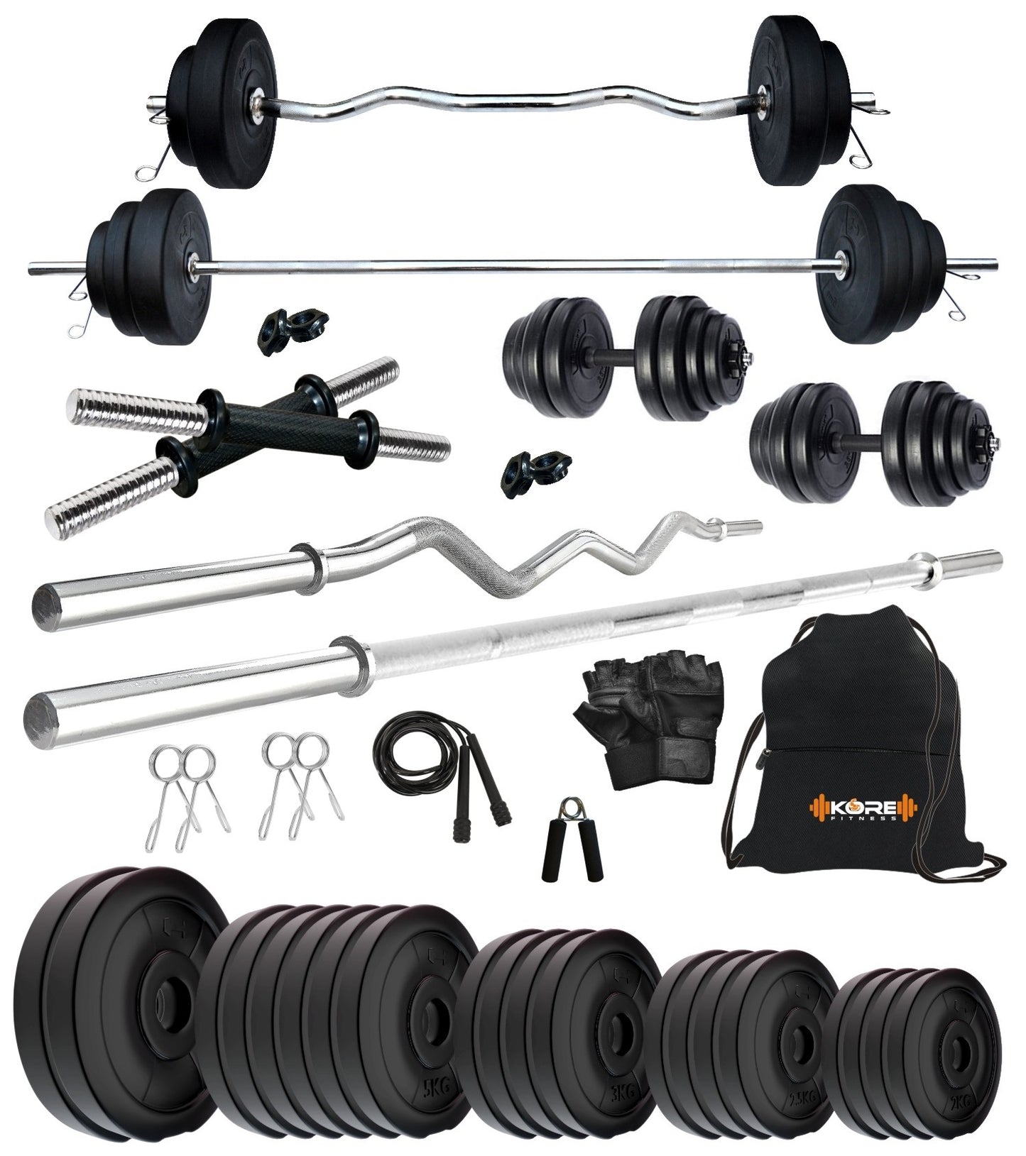 Kore PVC 10-100 kg Home Gym Set with One 3 Ft Curl + 5 Ft Plain Rod and One Pair Dumbbell Rods with Gym Accessories (PVC-COMBO2)