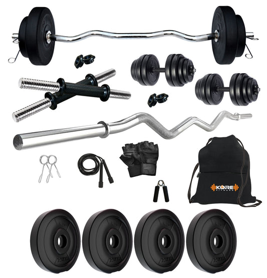 Kore PVC 10-50 kg Home Gym Set with One 3 Ft Curl and One Pair Dumbbell Rods with Gym Accessories (PVC-COMBO3)