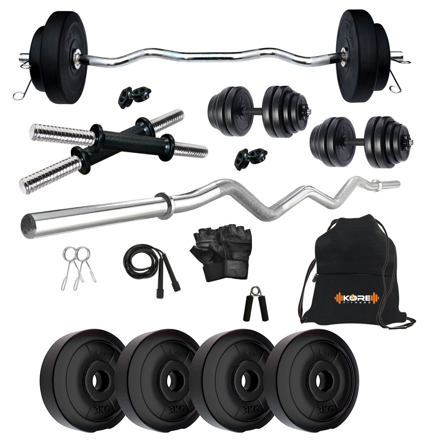 Kore PVC 10-50 kg Home Gym Set with One 3 Ft Curl and One Pair Dumbbell Rods with Gym Accessories (PVC-COMBO3)
