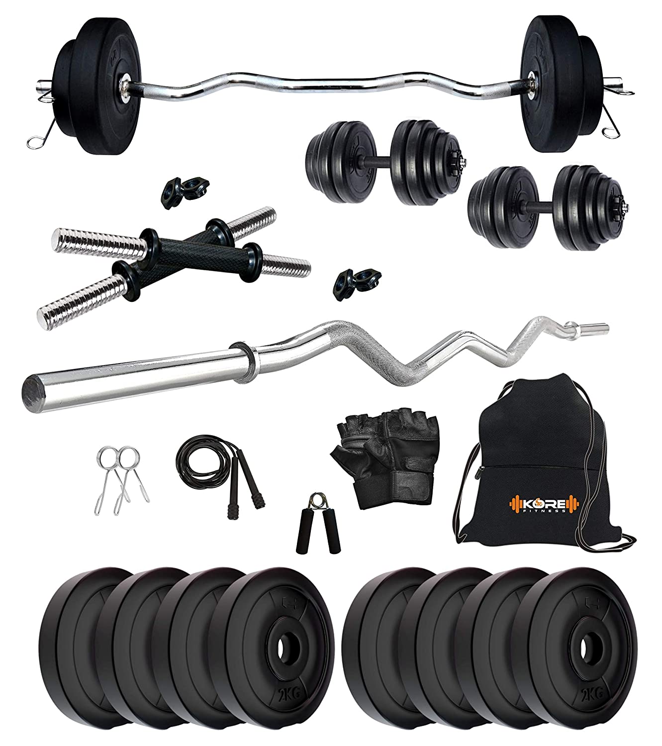 Kore PVC 10-50 kg Home Gym Set with One 3 Ft Curl and One Pair Dumbbell Rods with Gym Accessories (PVC-COMBO3)