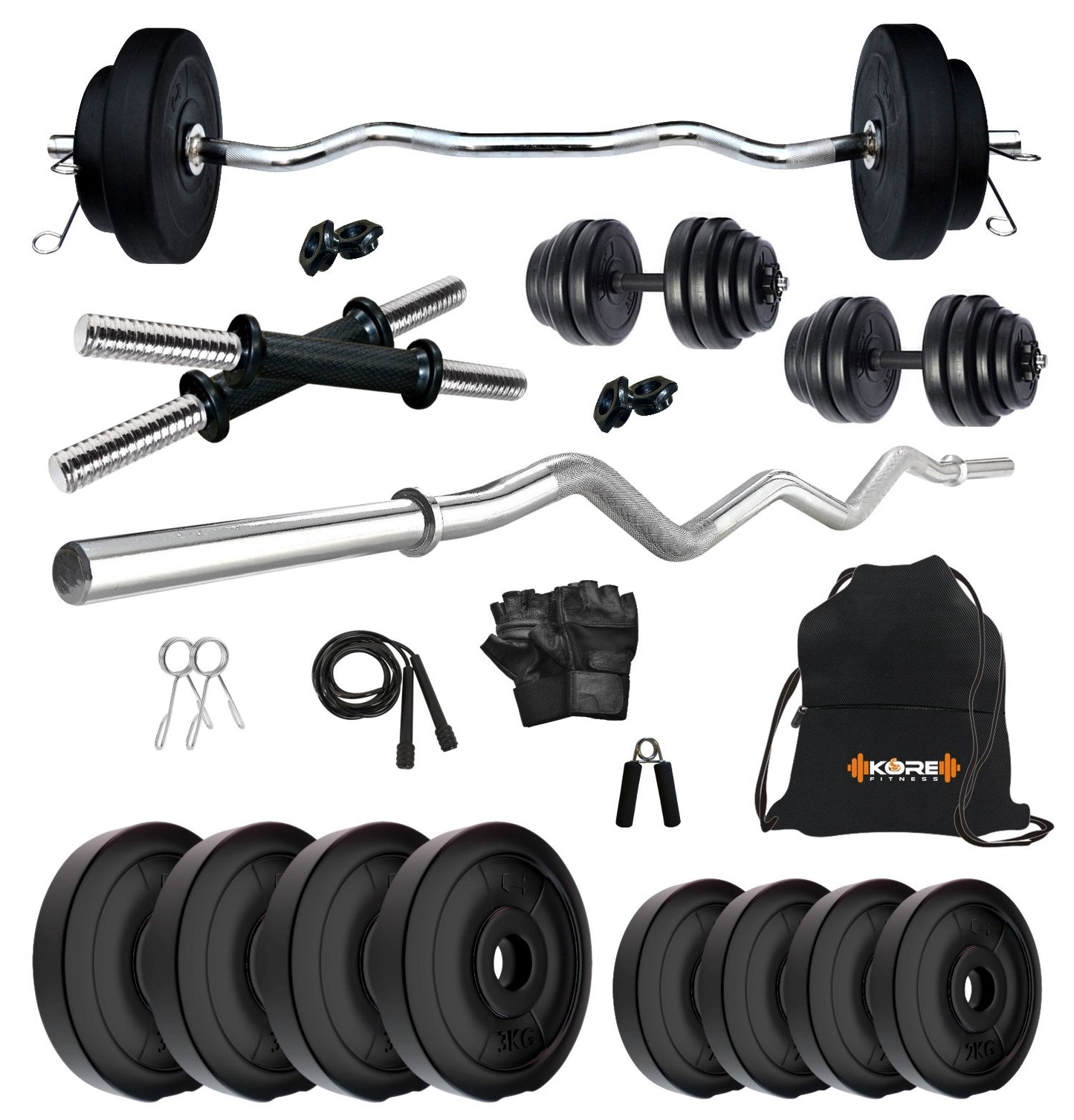 Kore PVC 10-50 kg Home Gym Set with One 3 Ft Curl and One Pair Dumbbell Rods with Gym Accessories (PVC-COMBO3)