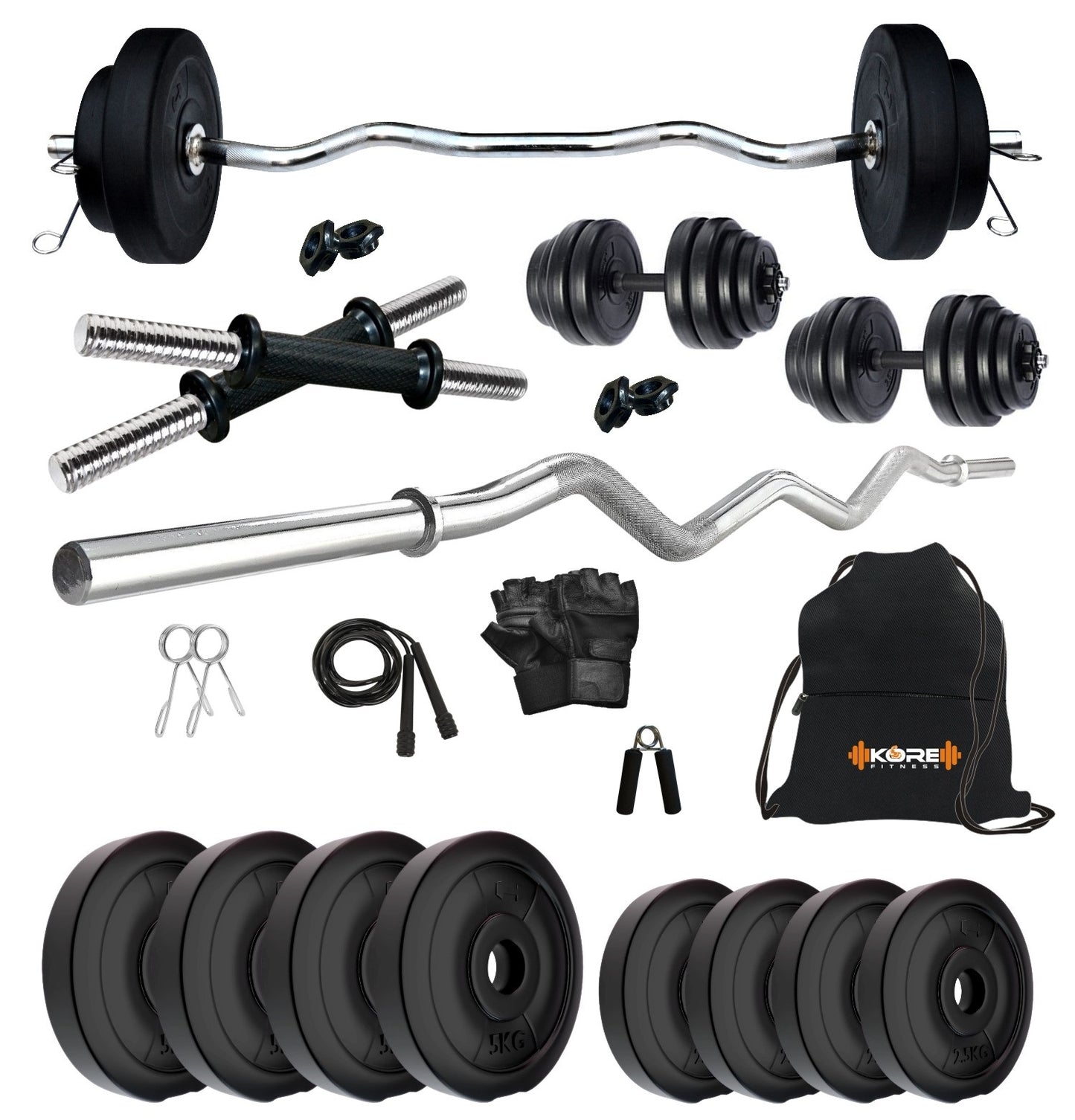 Kore PVC 10-50 kg Home Gym Set with One 3 Ft Curl and One Pair Dumbbell Rods with Gym Accessories (PVC-COMBO3)