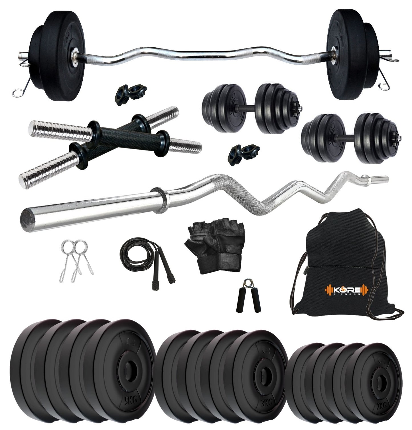 Kore PVC 10-50 kg Home Gym Set with One 3 Ft Curl and One Pair Dumbbell Rods with Gym Accessories (PVC-COMBO3)