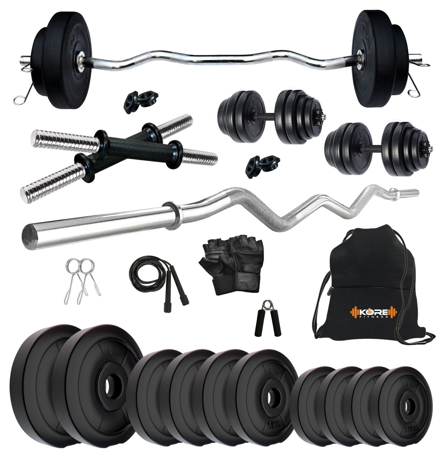 Kore PVC 10-50 kg Home Gym Set with One 3 Ft Curl and One Pair Dumbbell Rods with Gym Accessories (PVC-COMBO3)