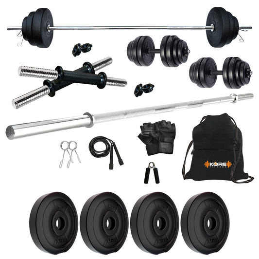 Kore PVC 10-50 kg Home Gym Set with One 3 Ft Plain and One Pair Dumbbell Rods with Gym Accessories (PVC-COMBO43)