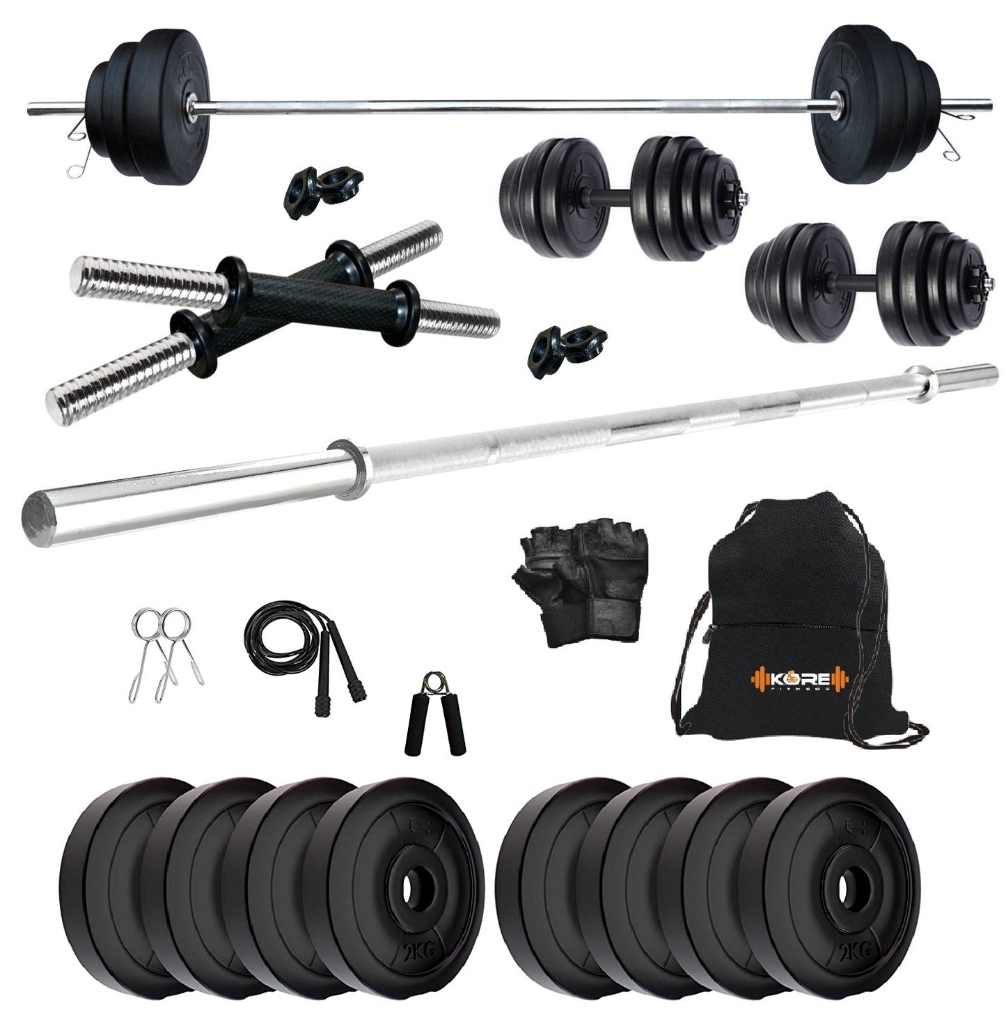 Kore PVC 10-50 kg Home Gym Set with One 3 Ft Plain and One Pair Dumbbell Rods with Gym Accessories (PVC-COMBO43)