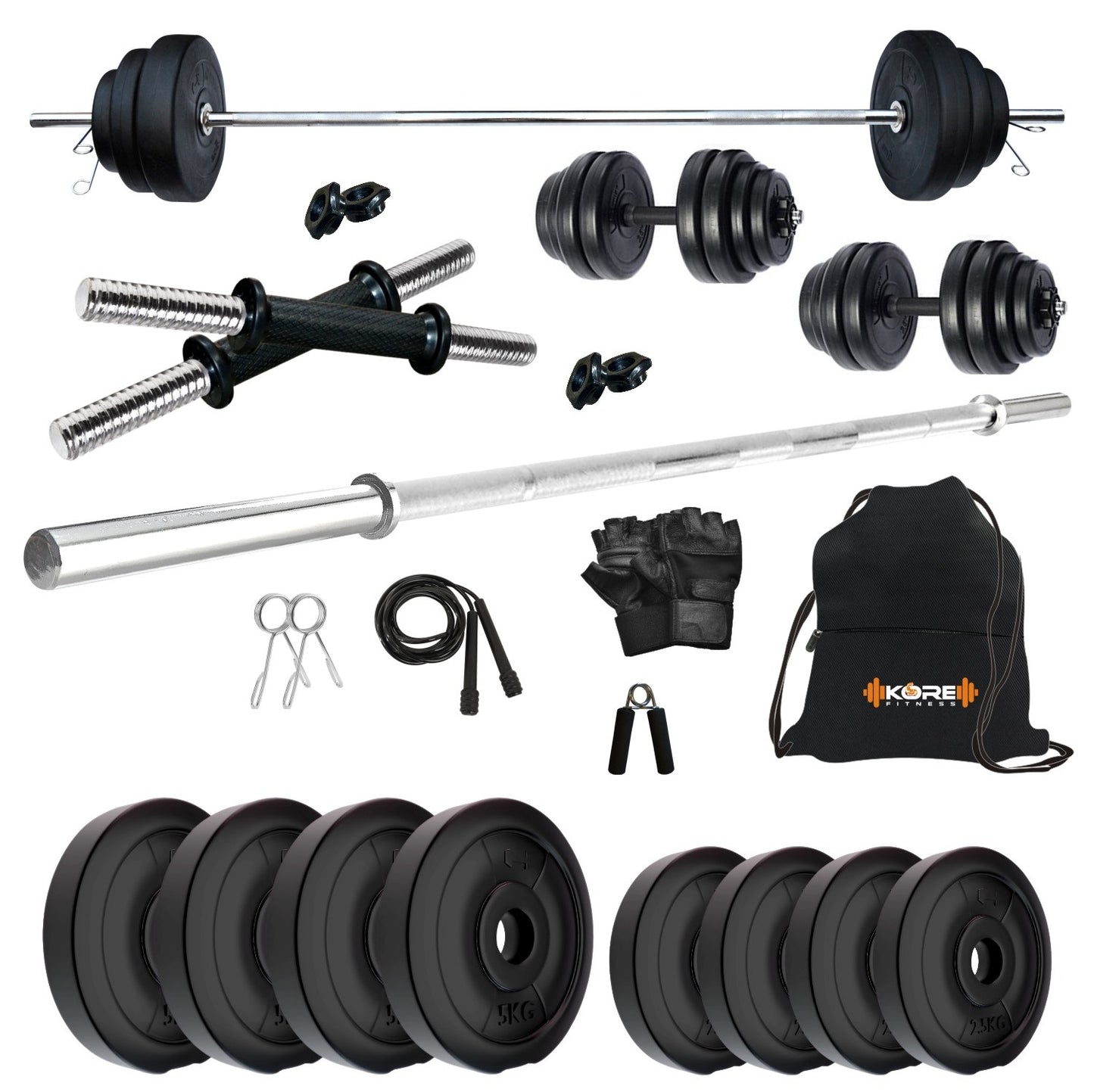 Kore PVC 10-50 kg Home Gym Set with One 3 Ft Plain and One Pair Dumbbell Rods with Gym Accessories (PVC-COMBO43)