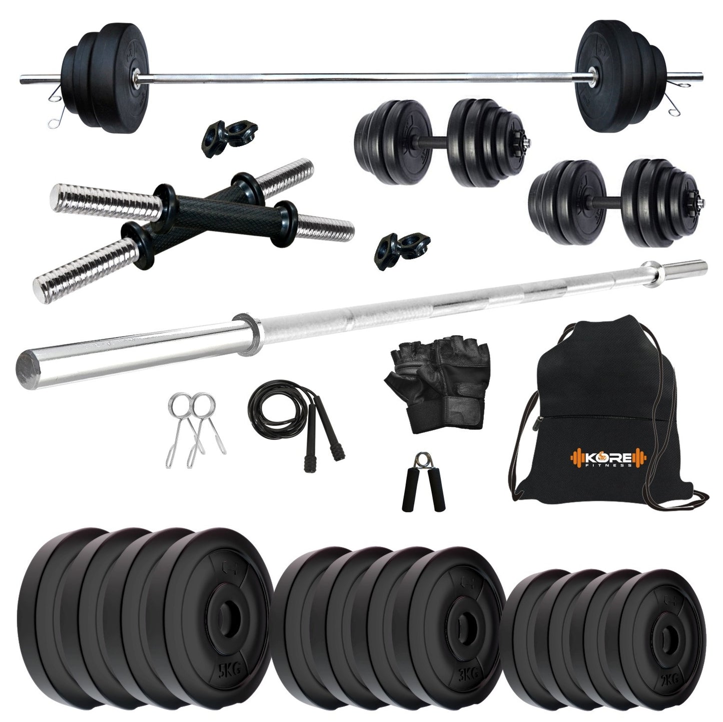 Kore PVC 10-50 kg Home Gym Set with One 3 Ft Plain and One Pair Dumbbell Rods with Gym Accessories (PVC-COMBO43)