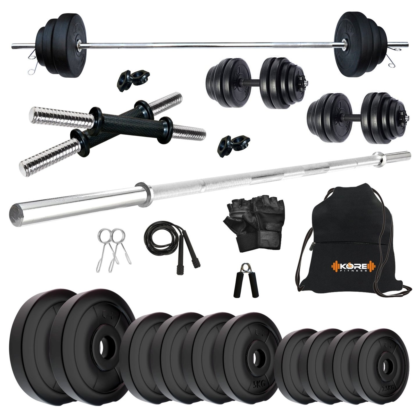 Kore PVC 10-50 kg Home Gym Set with One 3 Ft Plain and One Pair Dumbbell Rods with Gym Accessories (PVC-COMBO43)