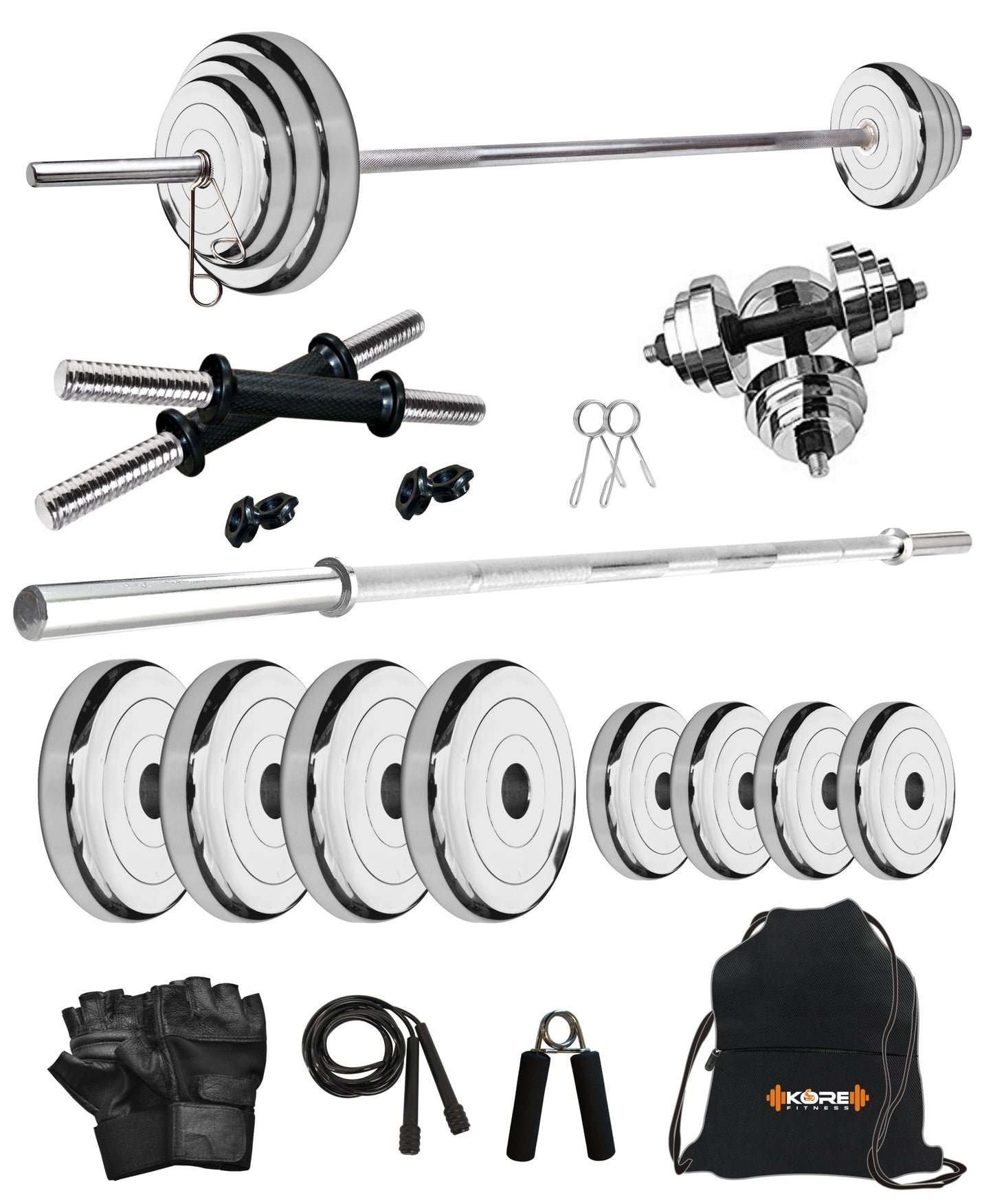 Kore Professional Steel 10-100 kg Home Gym Set with One 4 Ft Plain and One Pair Dumbbell Rods with Gym Accessories (SP-COMBO9)