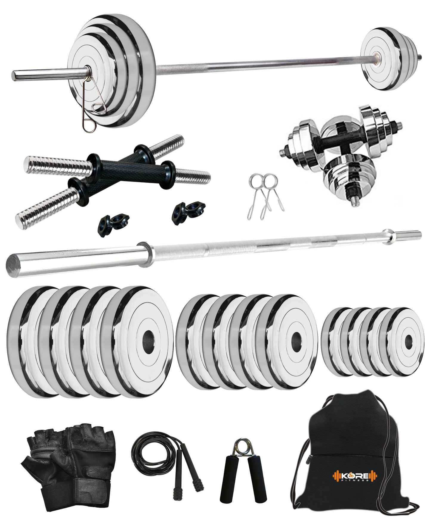 Kore Professional Steel 10-100 kg Home Gym Set with One 4 Ft Plain and One Pair Dumbbell Rods with Gym Accessories (SP-COMBO9)