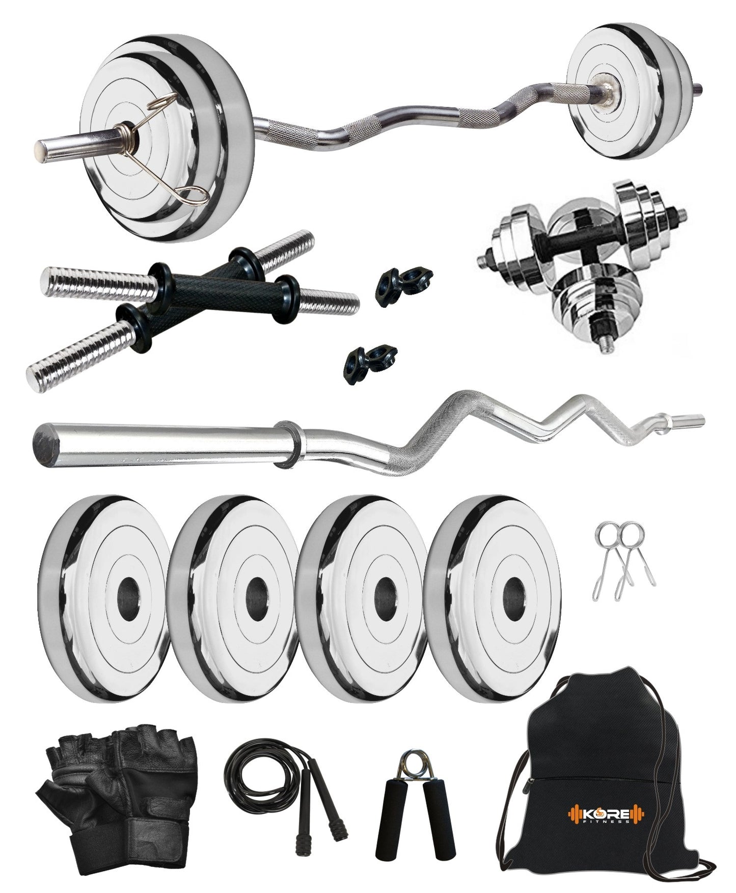 Kore Professional Steel 10-50 kg Home Gym Set with One 3 Ft Curl and One Pair Dumbbell Rods with Gym Accessories (SP-COMBO3)